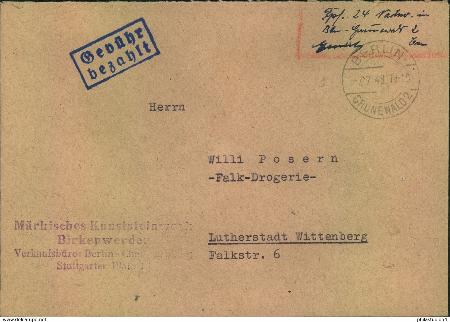 1948, Handschriftlicher, Sehr Seltener Einnahmenachweis üb. "DPf 24" Ab BERLIN-GRUNEWALD 7.7.48" - Sonstige & Ohne Zuordnung