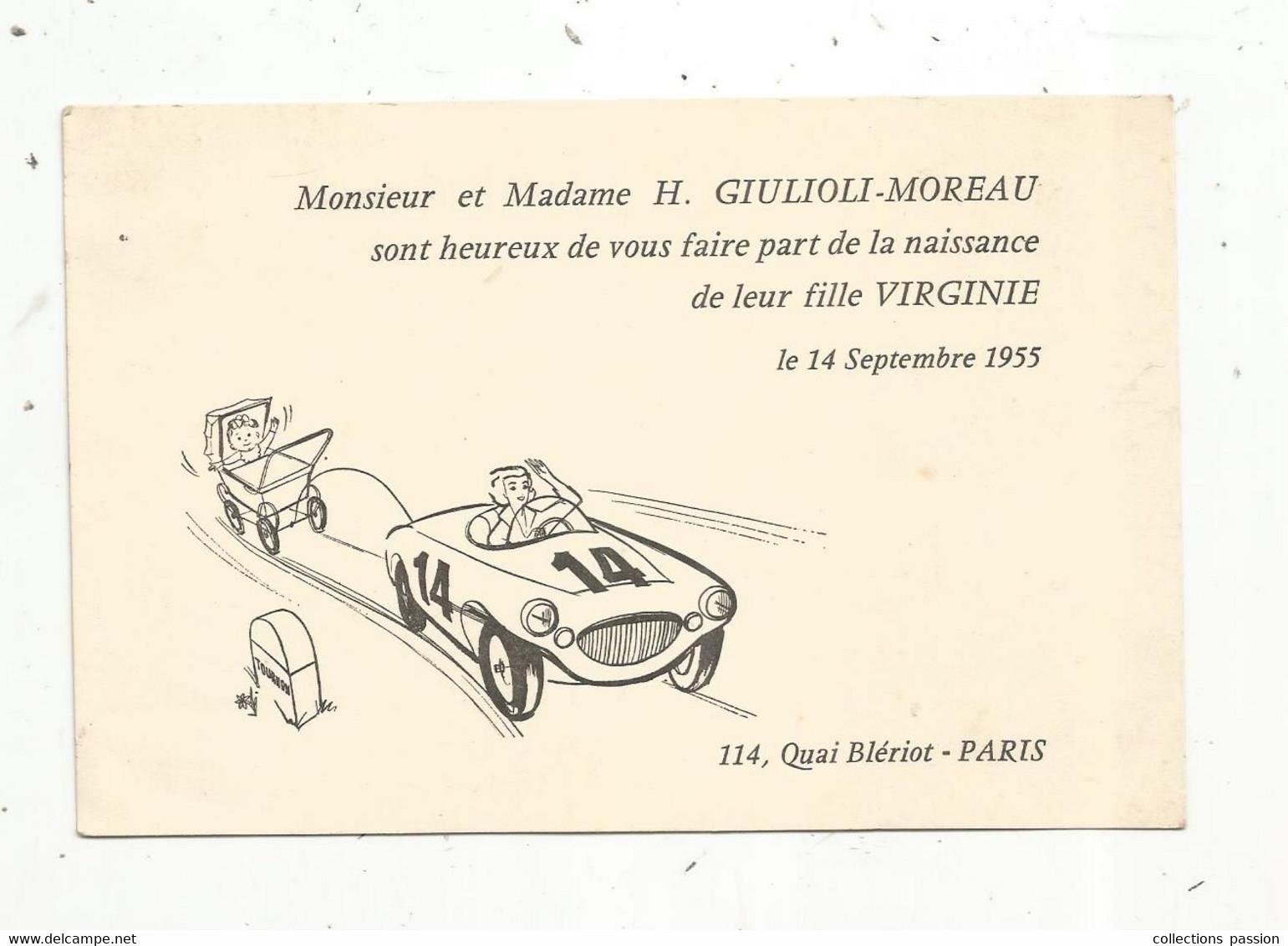 Faire Part De Naissance , 1955 ,automobile - Geboorte & Doop