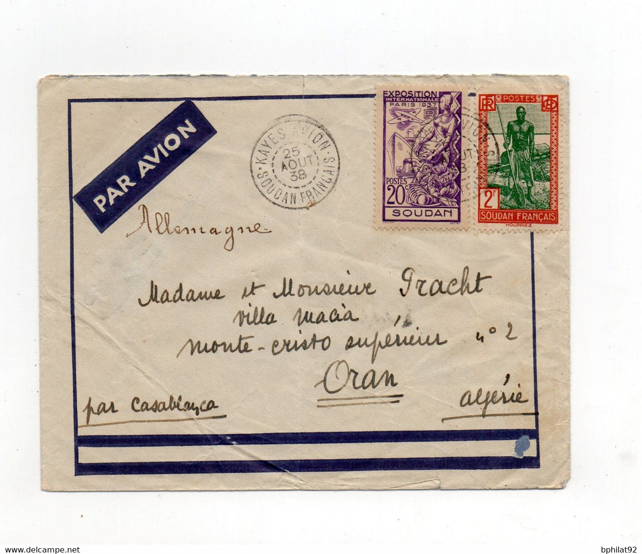 !!! SOUDAN, LETTRE PAR AVION DE 1938 POUR ORAN, CACHET KAYES AVION - Lettres & Documents