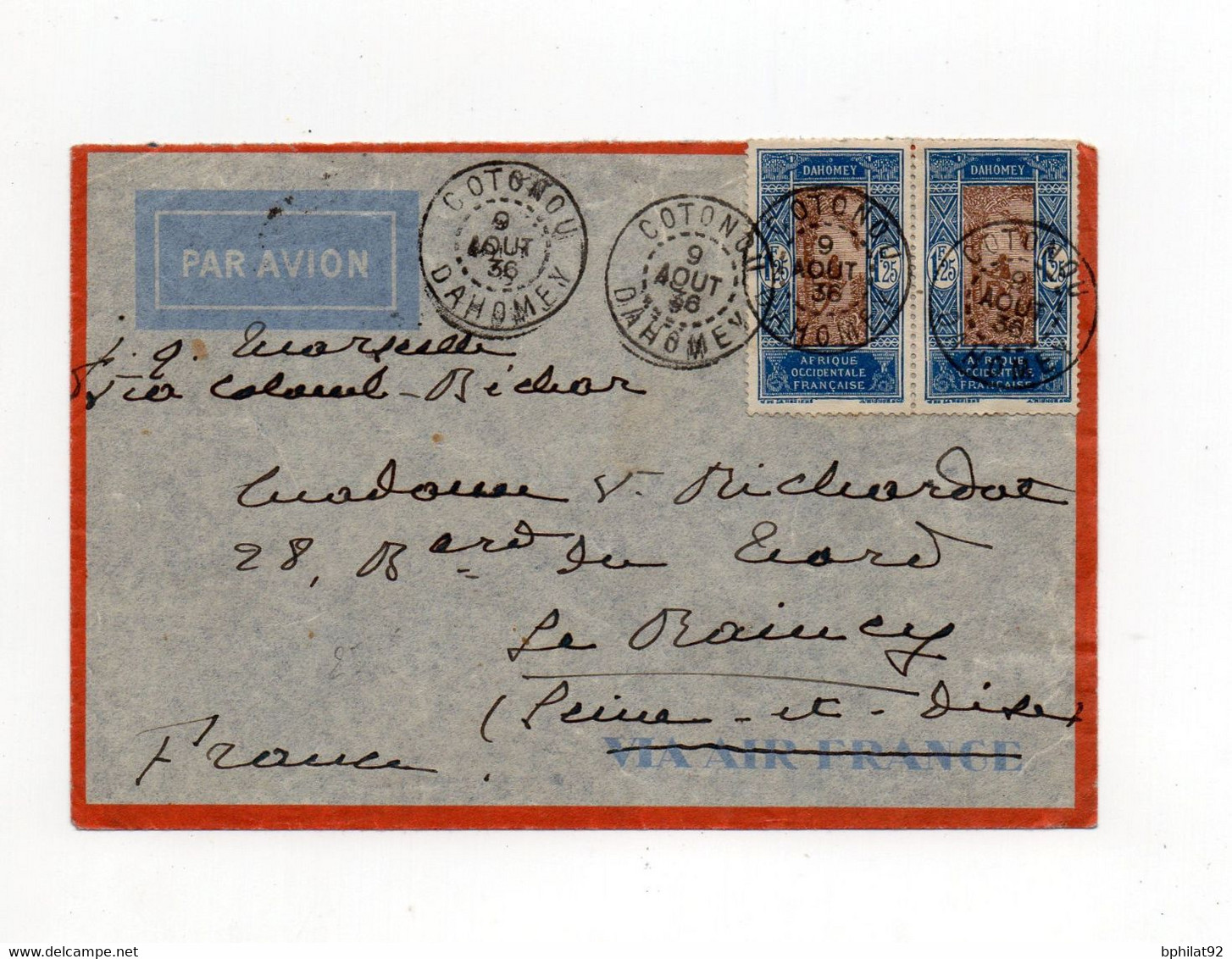 !!! DAHOMEY, LETTRE PAR AVION DE COTONOU POUR LE RAINCY DE 1936 - Covers & Documents