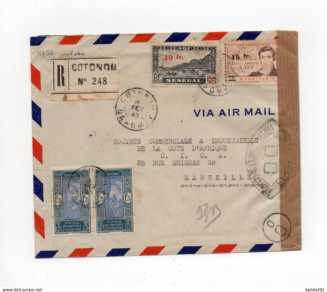 !!! DAHOMEY, LETTRE RECO PAR AVION DE COTONOU POUR MARSEILLE DE 1945 - Lettres & Documents