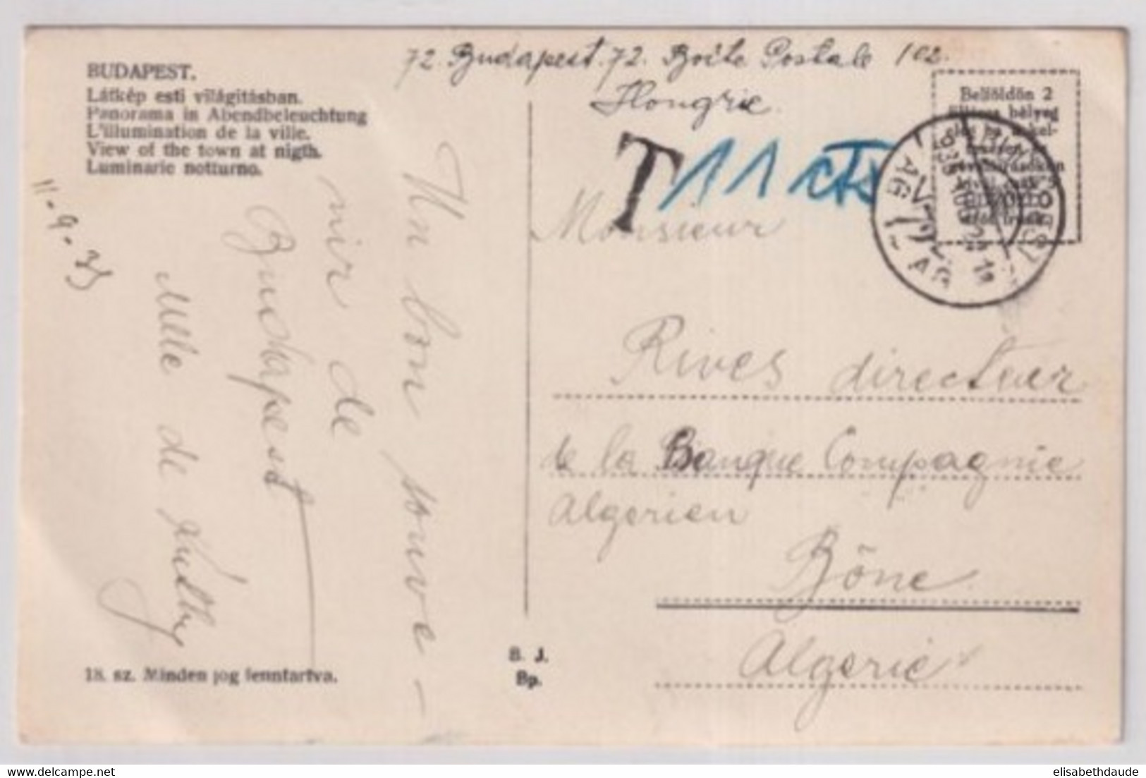 ALGERIE ! - 1935 - CARTE De BUDAPEST (HONGRIE) => BONE ! TAXE 11cts ! - Lettres & Documents