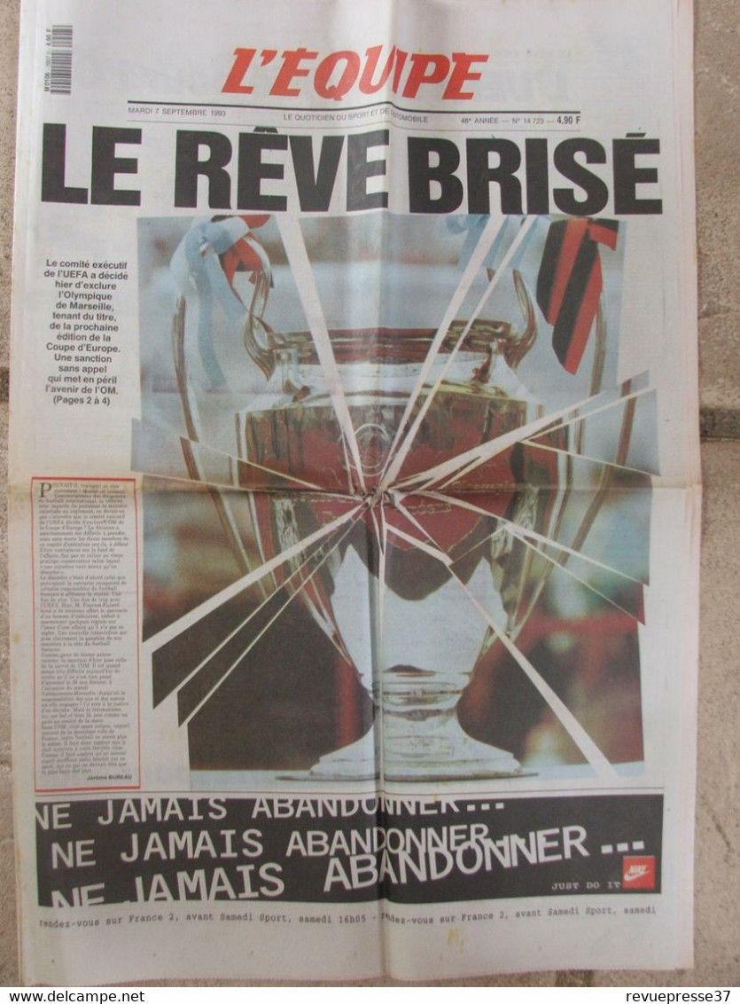 Journal L'Equipe (7 Septembre 1993) L'UEFA A Décidé D'exclure L'OM Coupe D'Europe - - Desde 1950