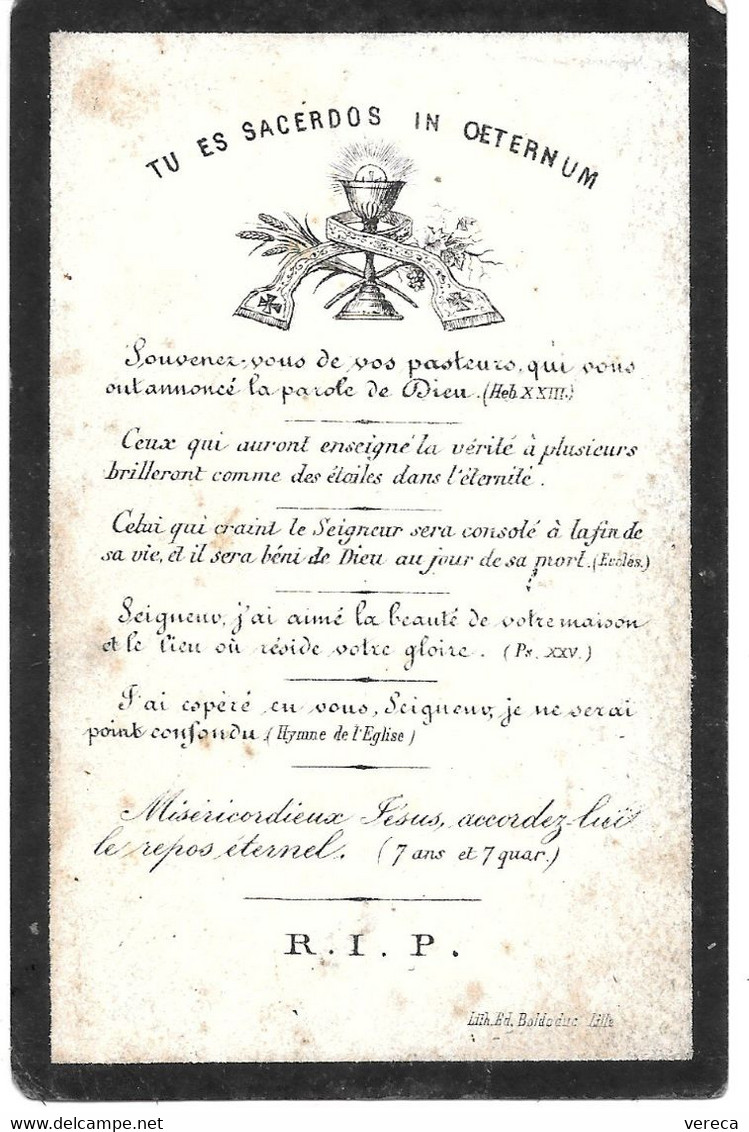 Maître J-B VALLEZ , Curé De Pont Sur Sambre Pendant 48 Ans , + Le 13/5/1884 à 73 Ans - Lith. Lille - Esquela