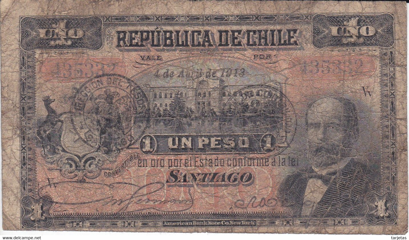 BILLETE DE CHILE DE 1 PESO DEL AÑO 1913 (BANK NOTE) MUY RARO - Chile