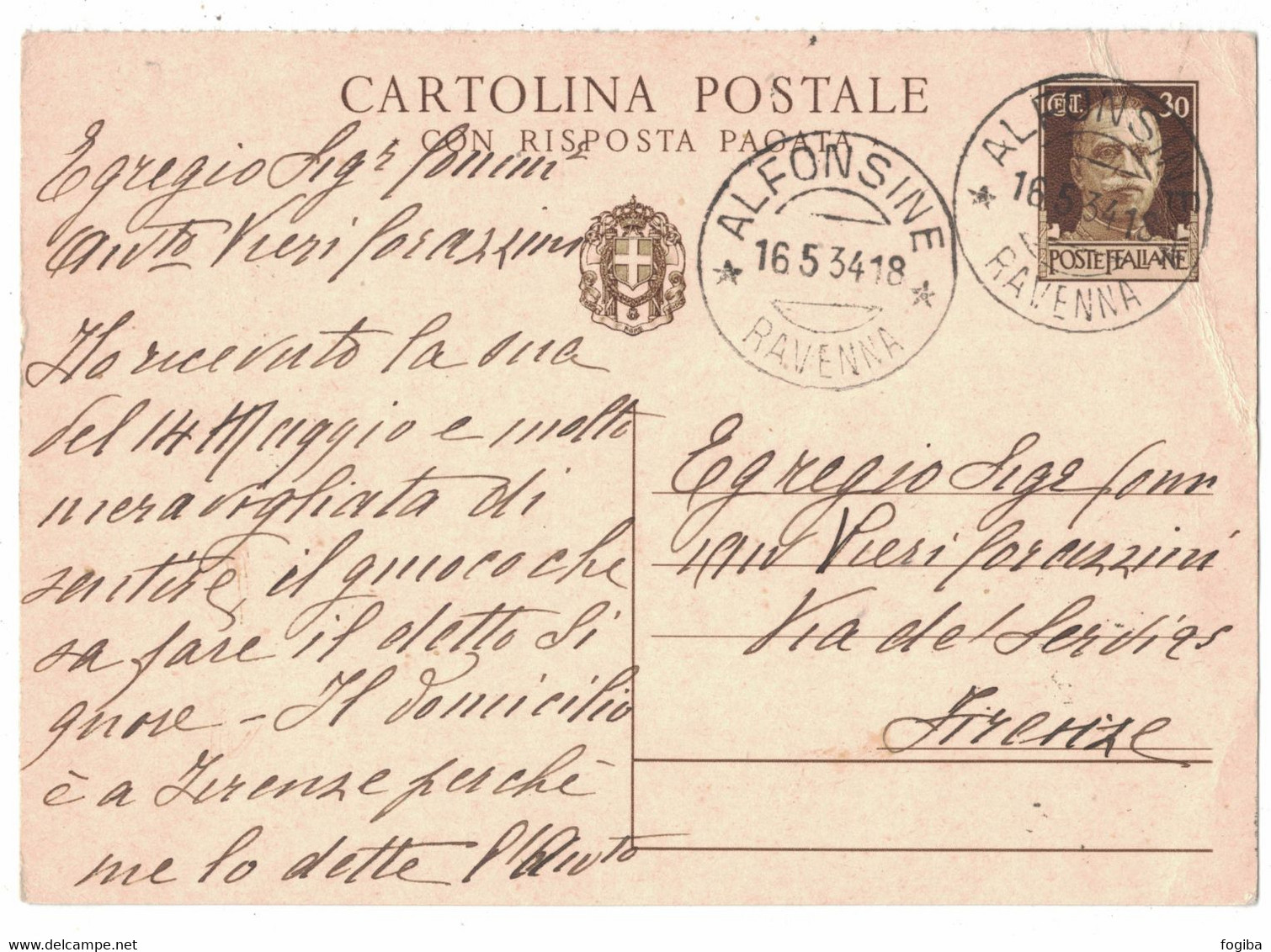LA901    Regno 1934 - Alfonsine (Ravenna) - Annullo Su Cartolina Postale Cent.30 Per Firenze - Storia Postale