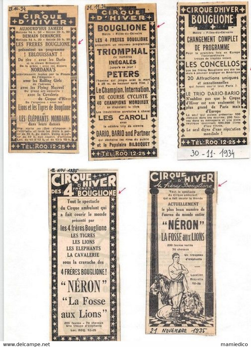 CIRQUE BOUGLIONE. 1934, 35 & 37 Nombreuses Coupures De Presse De Ces Années-là Intitulées: " AU CIRQUE D'HIVER" - Collezioni