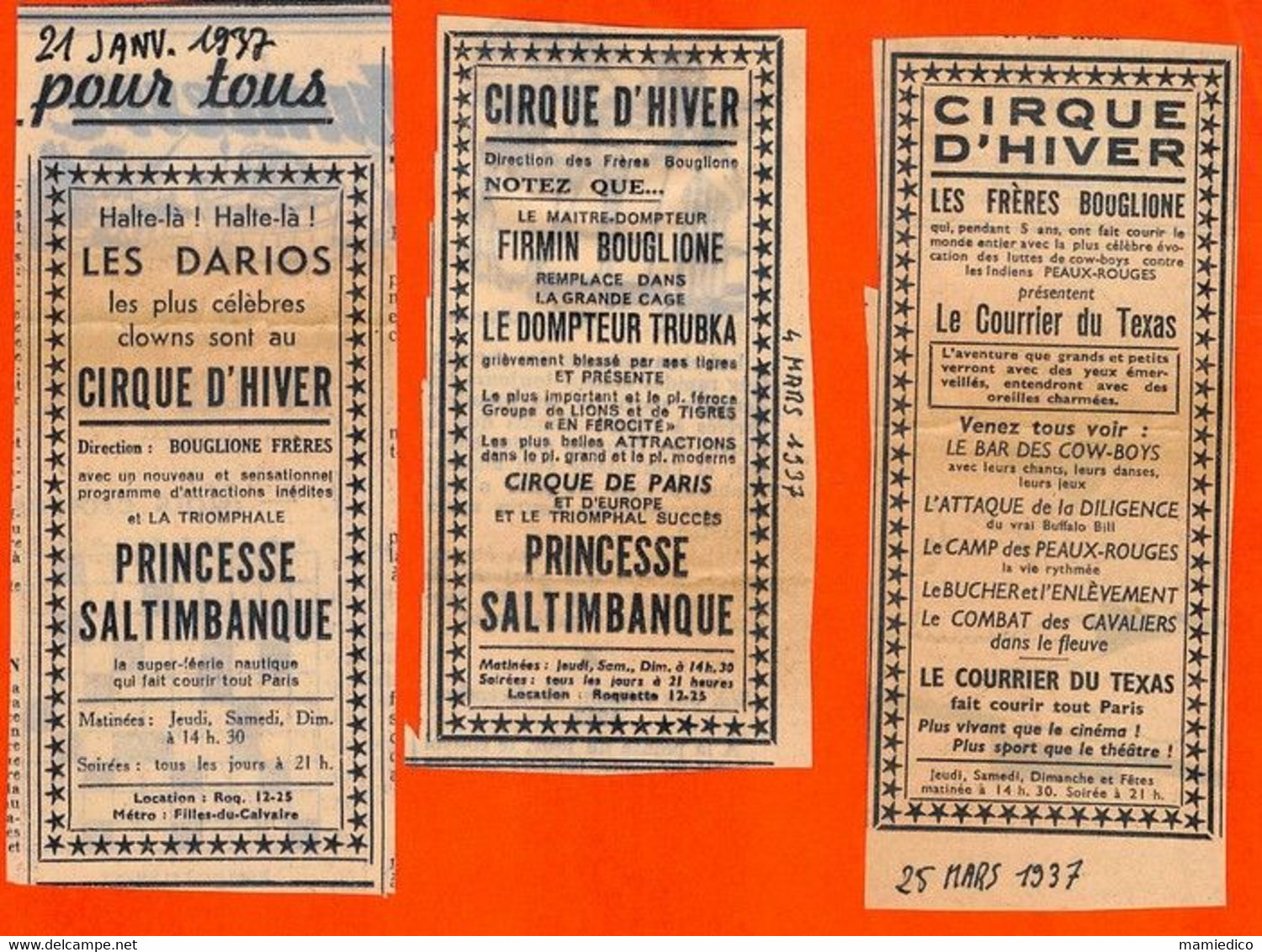 CIRQUE BOUGLIONE. 1934, 35 & 37 Nombreuses Coupures De Presse De Ces Années-là Intitulées: " AU CIRQUE D'HIVER" - Verzamelingen