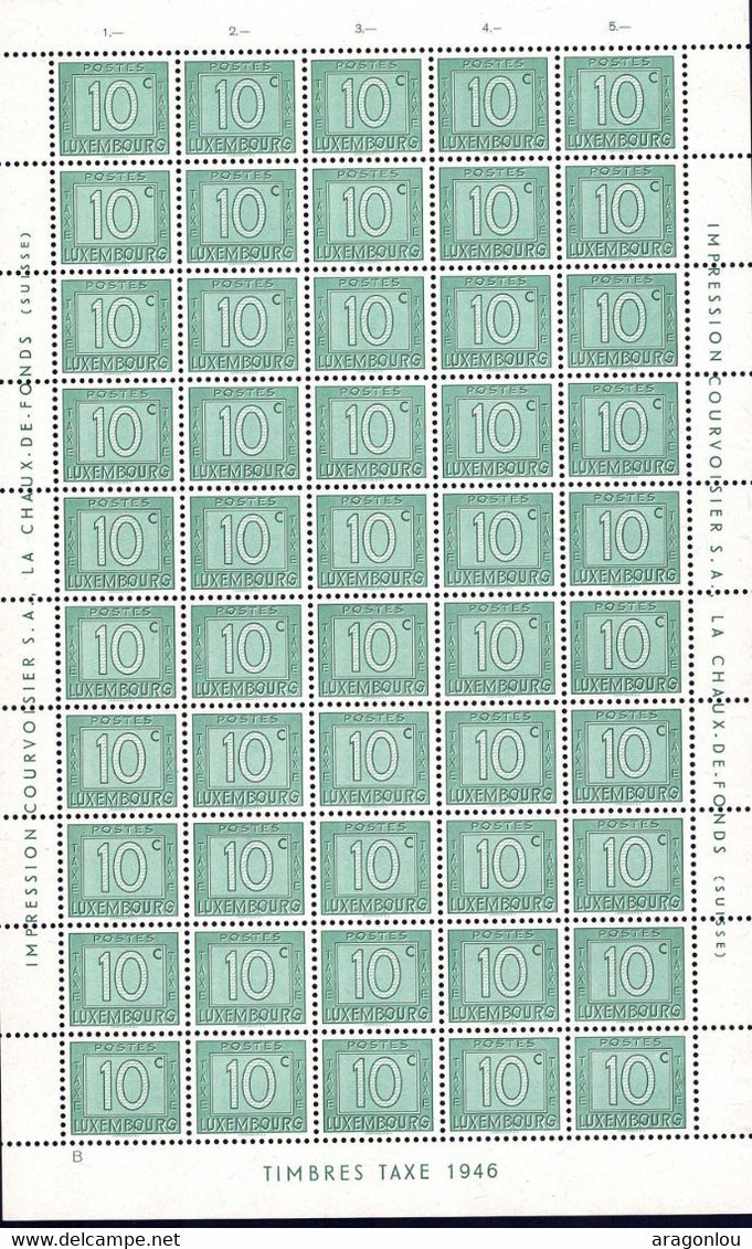 Luxembourg, Luxemburg 1946 Timbres-Taxe Feuille / Sheet 50x 10c.neuf  MNH** Michel:23 - Ganze Bögen