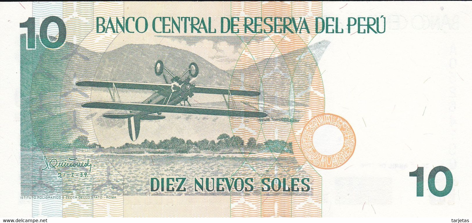 BILLETE DE PERU DE 10 NUEVOS SOLES DEL AÑO 1996 SIN CIRCULAR (UNCIRCULATED) (BANKNOTE) AVION-PLANE-AVIONETA - Perù