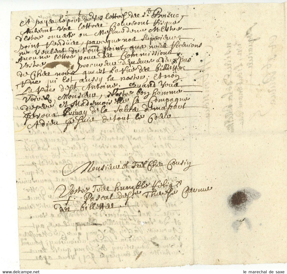 Paris 1691 Pour Saint Brieuc Taxe 5 Sols LAS Pascal De Ste Therese Carmel Des Billettes Carmelites - ....-1700: Vorläufer