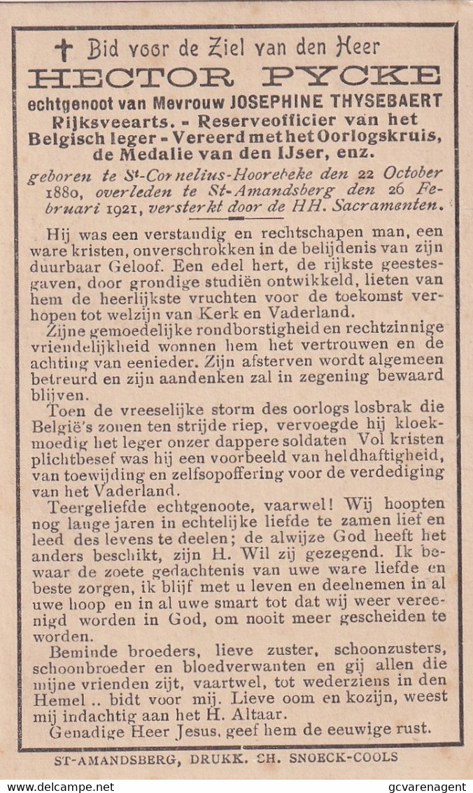 RIJKSVEEARTS - HECTOR PYCKE - ST.CORNELIUS HOOREBEKE 1880 - ST AMANDSBERG  1921    2 SCANS - Esquela