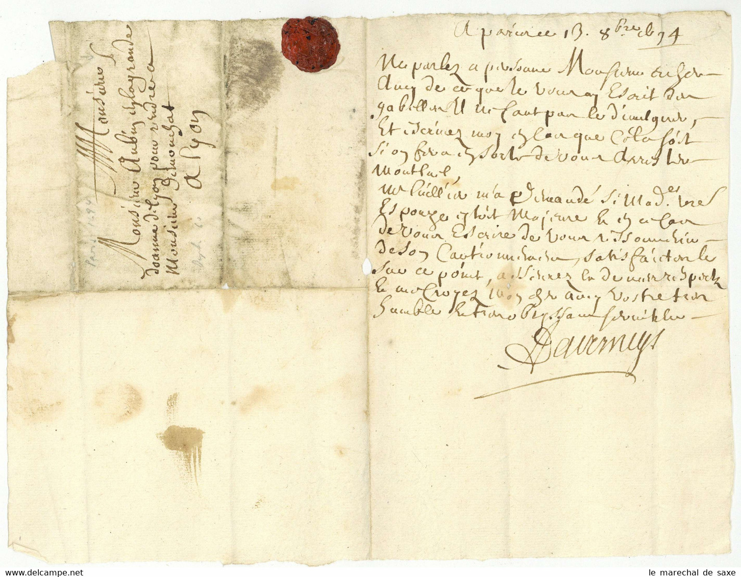 Paris 1694 Pour Lyon Taxe 5 Sols - ....-1700: Precursori