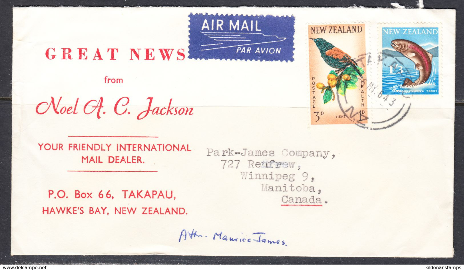 New Zealand To Winnipeg, Canada, Postmark May 1964 - Brieven En Documenten