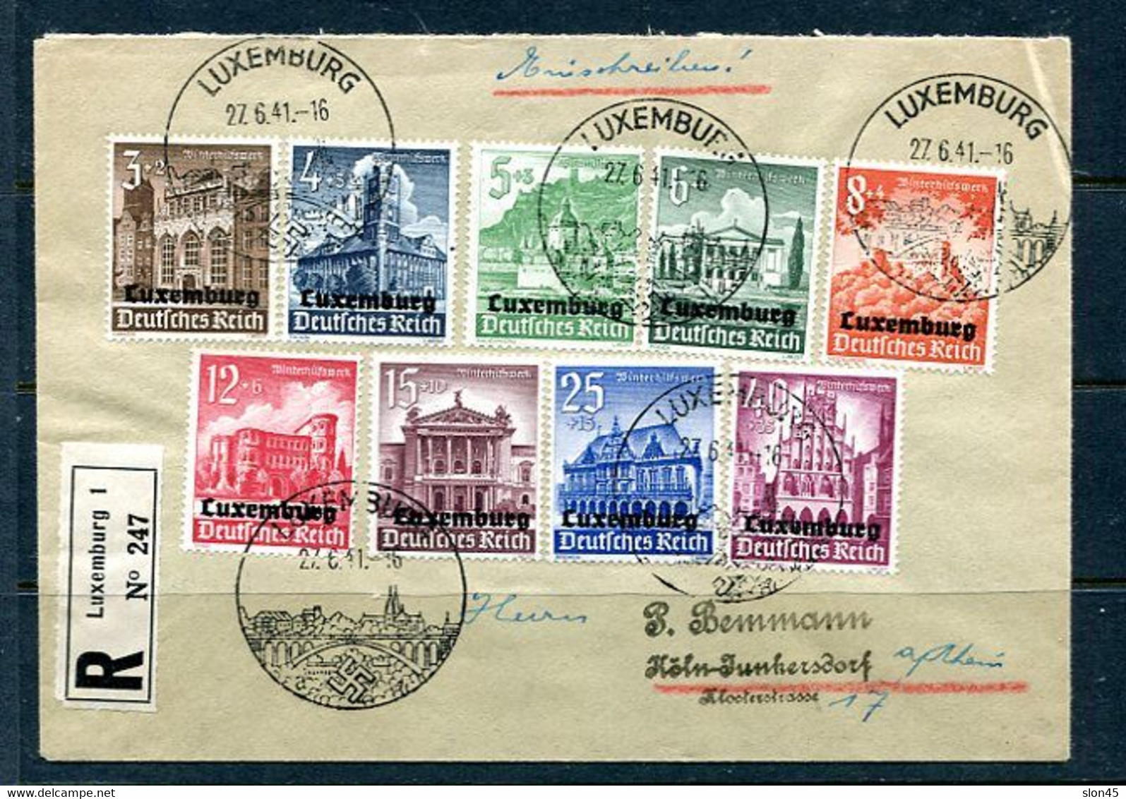 Luxembourg  German Occ. 1941 WWII Register Cover  Mi 33-41 Full Set 10757 - 1940-1944 Occupation Allemande