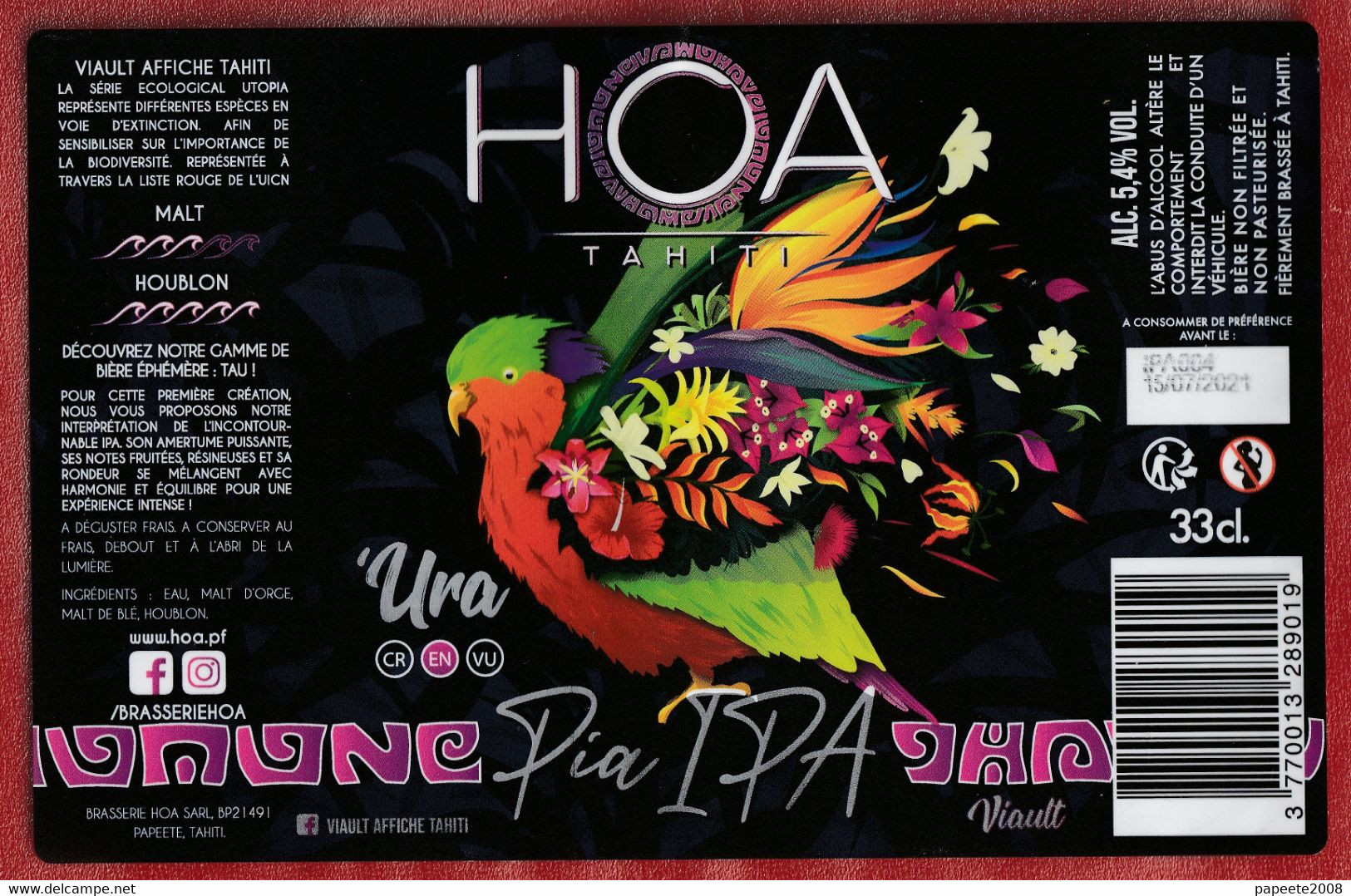 Polynésie Française / Tahiti - Etiquette De Bière HOA Tahiti / Pia Ipa - 33 Cl -  2021 - Sup - Bière