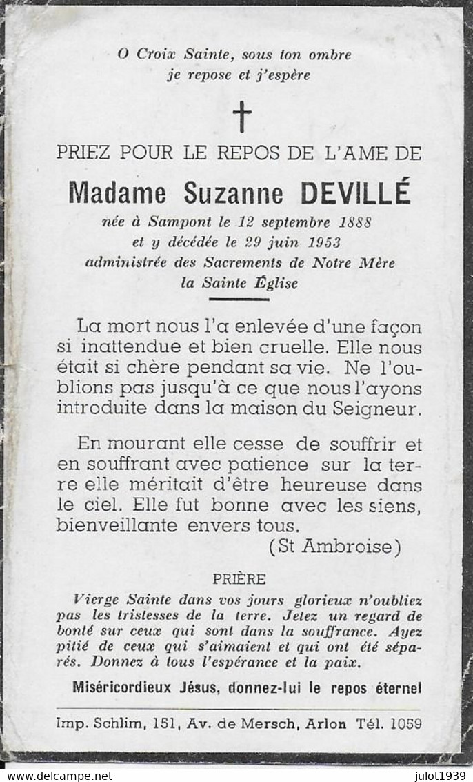 SAMPONT ..-- Mme Suzanne DEVILLE , Née En 1888 , Décédée En 1953 . Abimé !!! - Aarlen