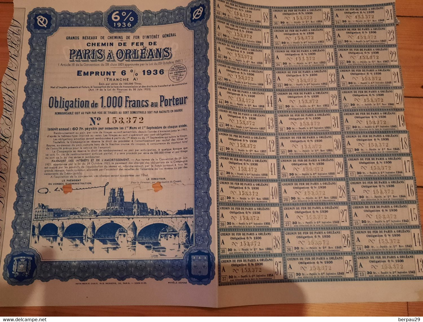 CHEMIN DE FER DE PARIS A ORLEANS. 1934-1949. Bon 1000 F. ( 1obligation  ) 1 Bond - Other & Unclassified