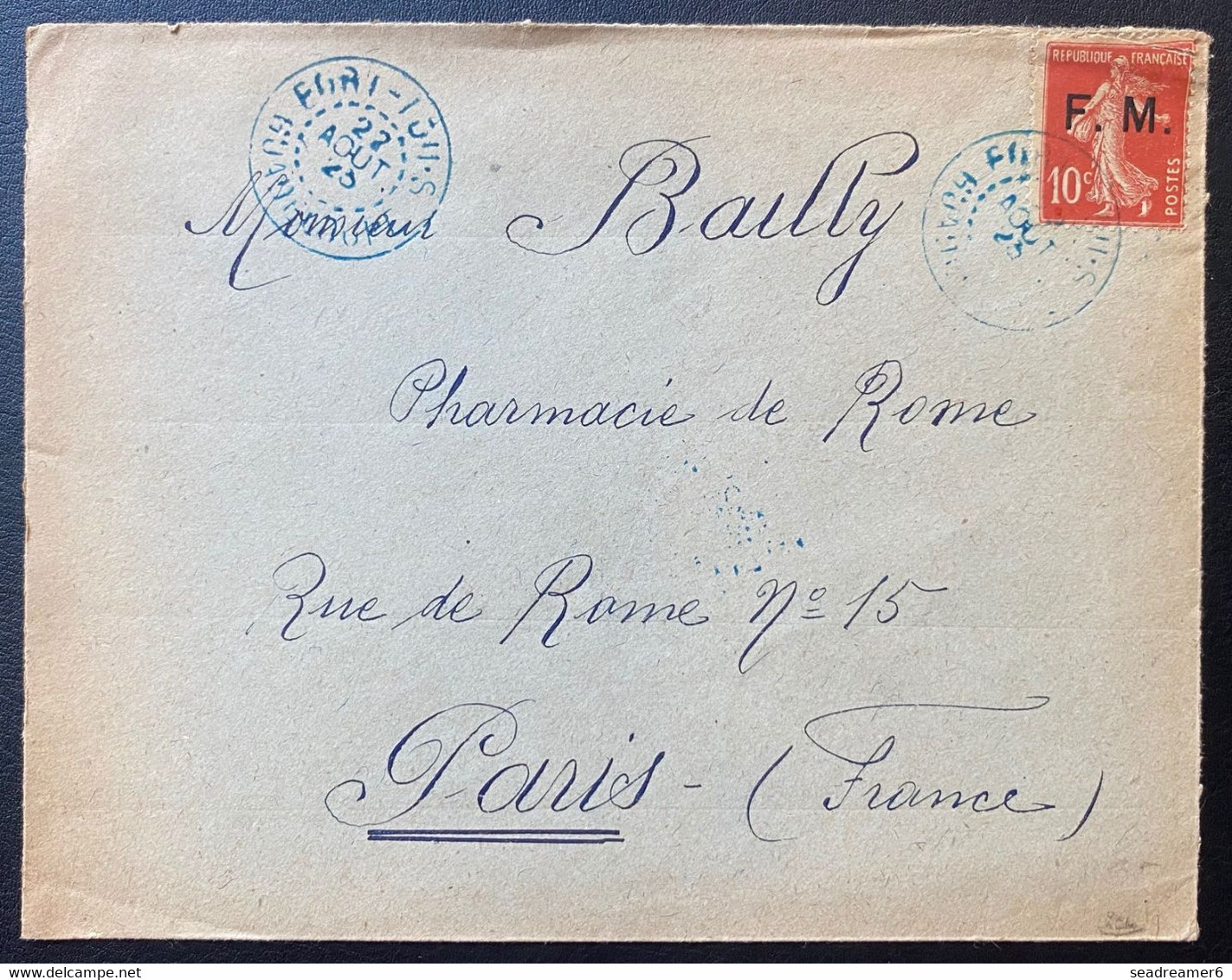Lettre FM Semeuse N°5 Obl Dateur De Port Louis Guadeloupe En Bleu Pour Paris (ex Collection Desarnaud) Signé Calves - Military Postage Stamps