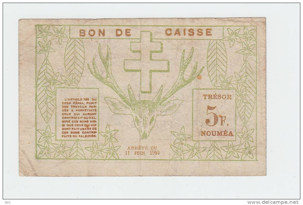 New Caledonia 5 Francs 1943 AVF Banknote P 58 - Numea (Nueva Caledonia 1873-1985)