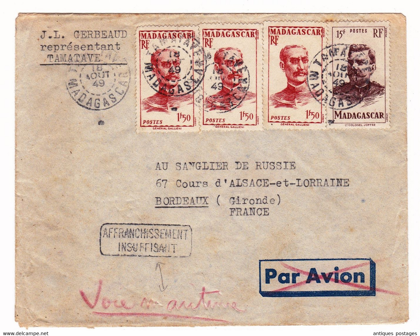 Lettre Madagascar Tamatave 1949 Gerbeaud Au Sanglier De Russie Bordeaux Gironde - Lettres & Documents