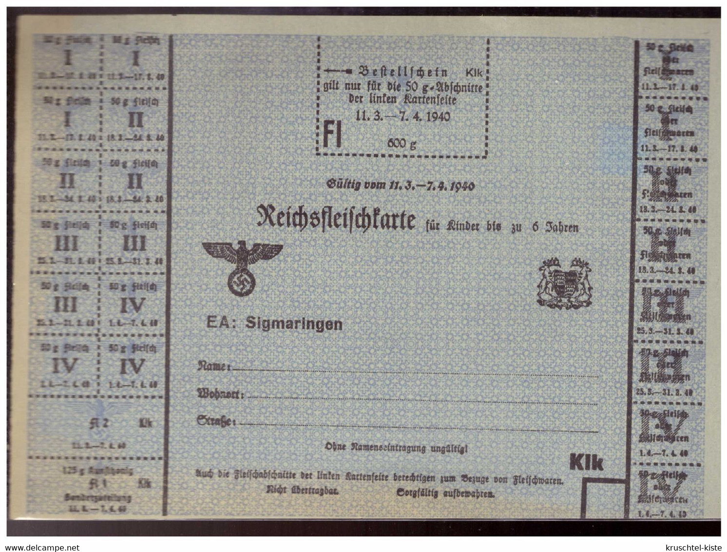 Dt- Reich (022108) Reichsfleischkarte, Sigmaringen 11.3.- 7.4.1940, Komplett Ungebraucht - Brieven En Documenten