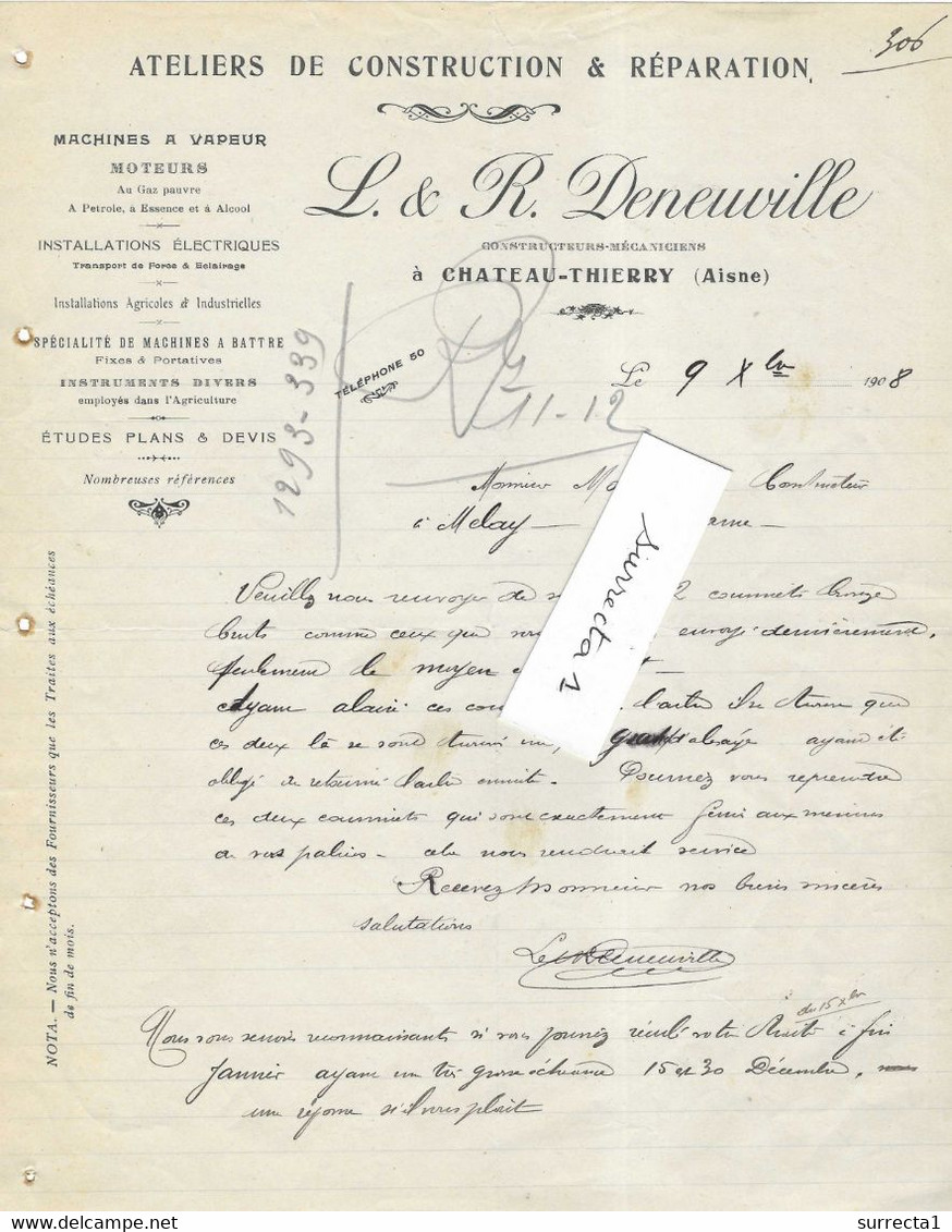1908 Facture L & R DENEUVILLE / Construction Réparation Moteurs, Machines à Battre / 02 Château-Thierry / Aisne - 1900 – 1949