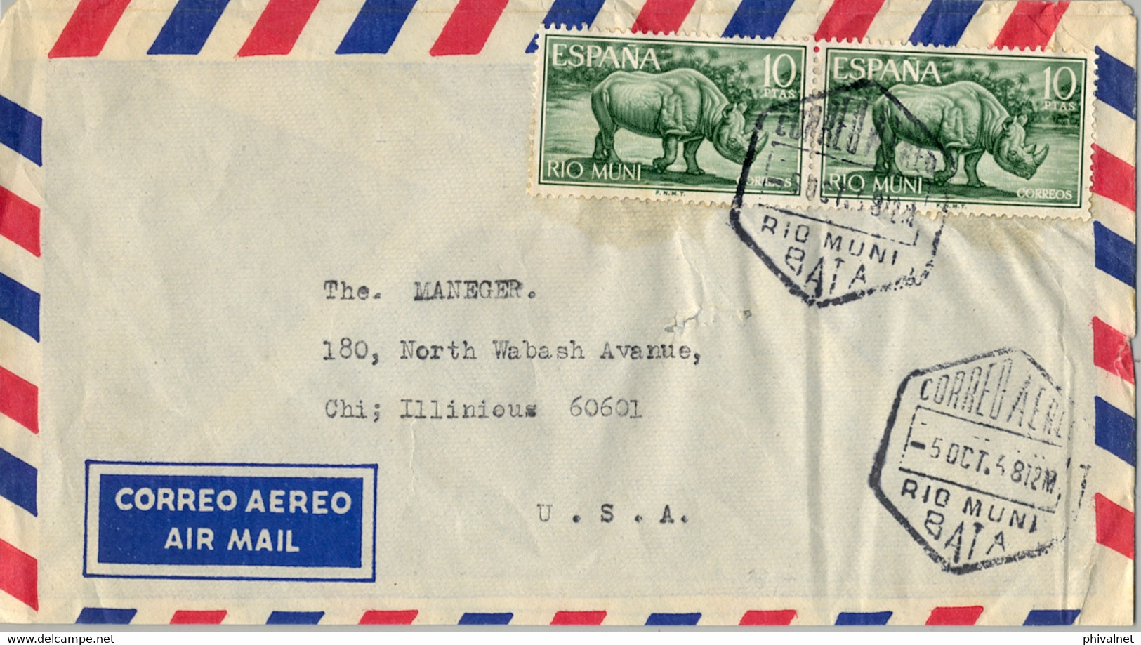 1968 , RIO MUNI , ED. 56 X 2 , FAUNA ECUATORIAL , RINOCERONTE , SOBRE CIRCULADO A CHICAGO , CORREO AÉREO - Rio Muni