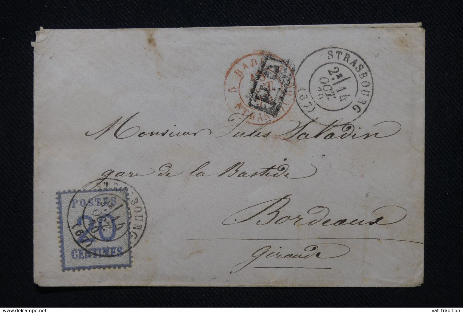 FRANCE / ALLEMAGNE  - Enveloppe De Strasbourg Pour Bordeaux En 1870, Affranchissement Alsace Lorraine 20c  - L 100313 - Covers & Documents