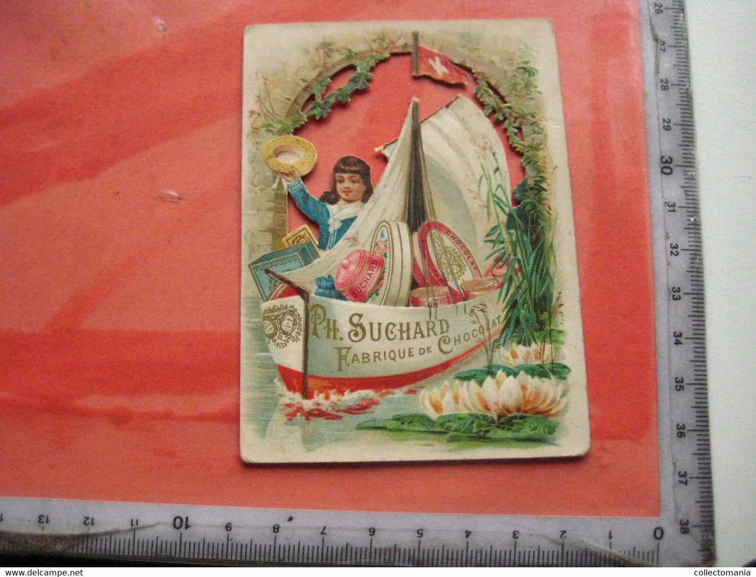 1 Die Cut Advertising Card C1891 SUISSE Chocolate SUCHARD V17g - Sailing Boat - Uitgekapte Kaart Ship Boat Chocolade - Suchard