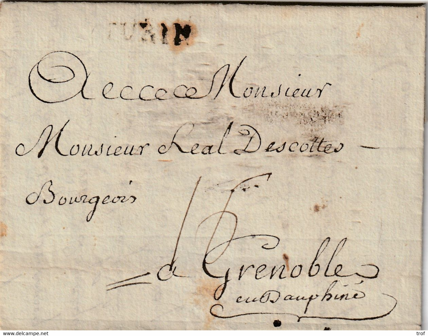 Marque Postale Turin Du 19 Avril1775 Pour Grenoble. Taxe à La Plume 16 Et 4 Au Verso - 1701-1800: Precursors XVIII