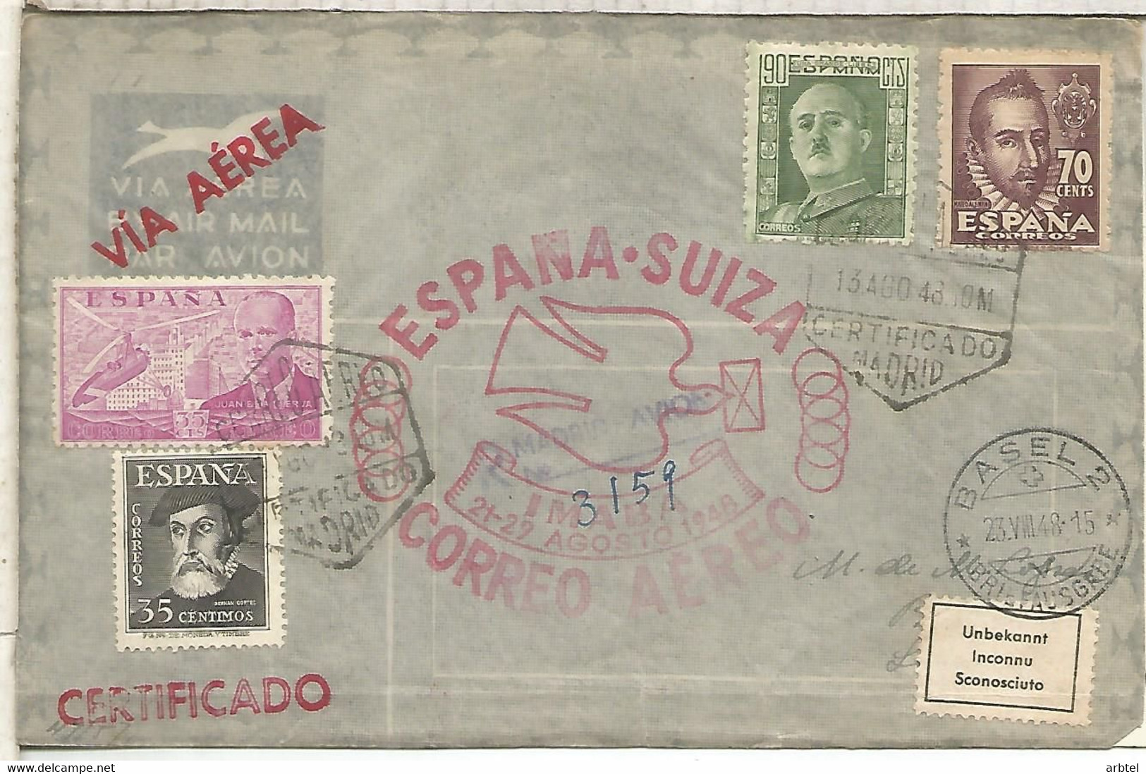 MADRID CC CERTIFICADA 1948 VUELO ESPECIAL ESPAÑA SUIZA IMABA CON MARCA ESPECIAL Y LLEGADAS - Lettres & Documents