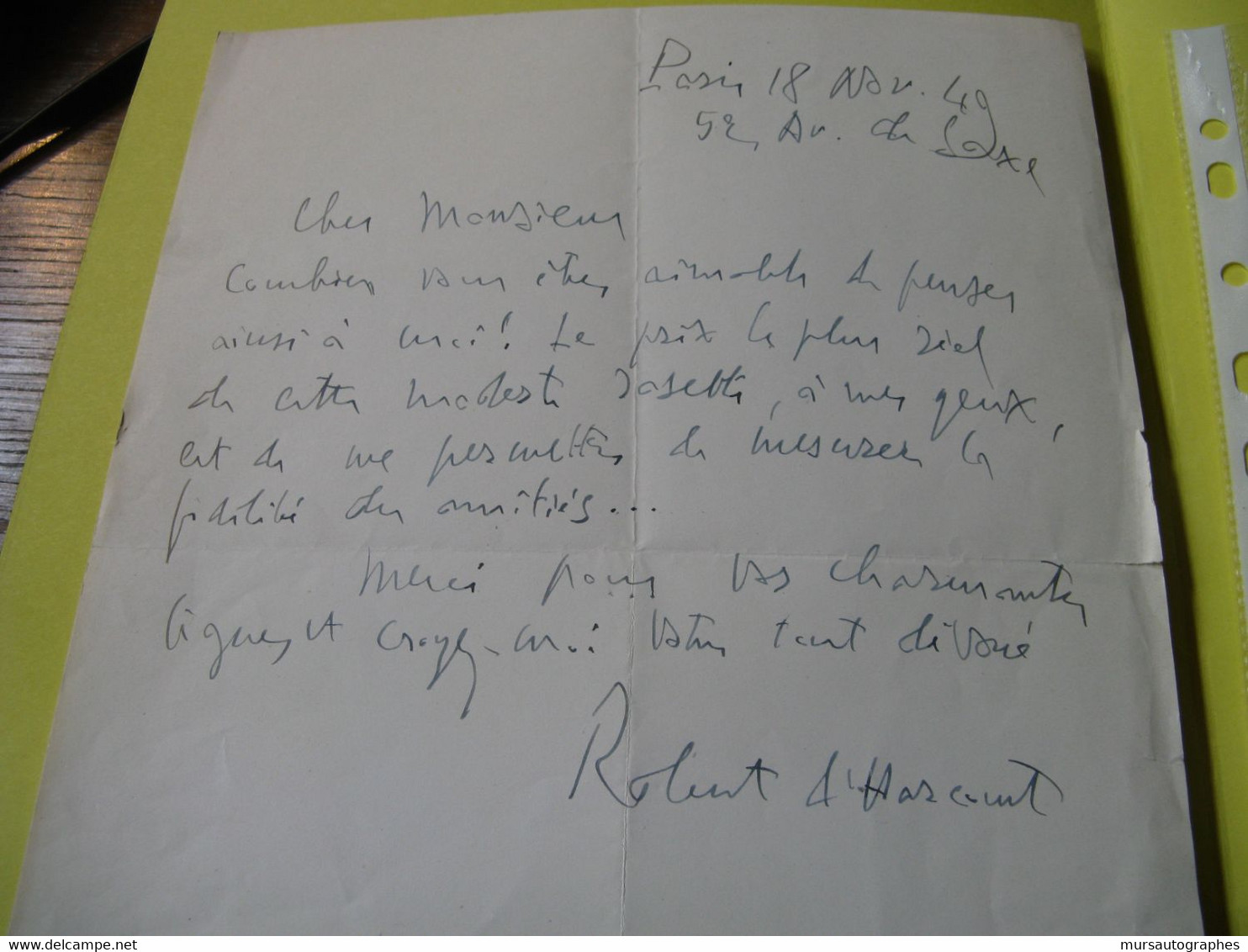 LETTRE AUTOGRAPHE SIGNEE DE ROBERT D'HARCOURT 1949 INTELLECTUEL CATHOLIQUE GERMANISTE ACADEMIE à BAUER - Other & Unclassified