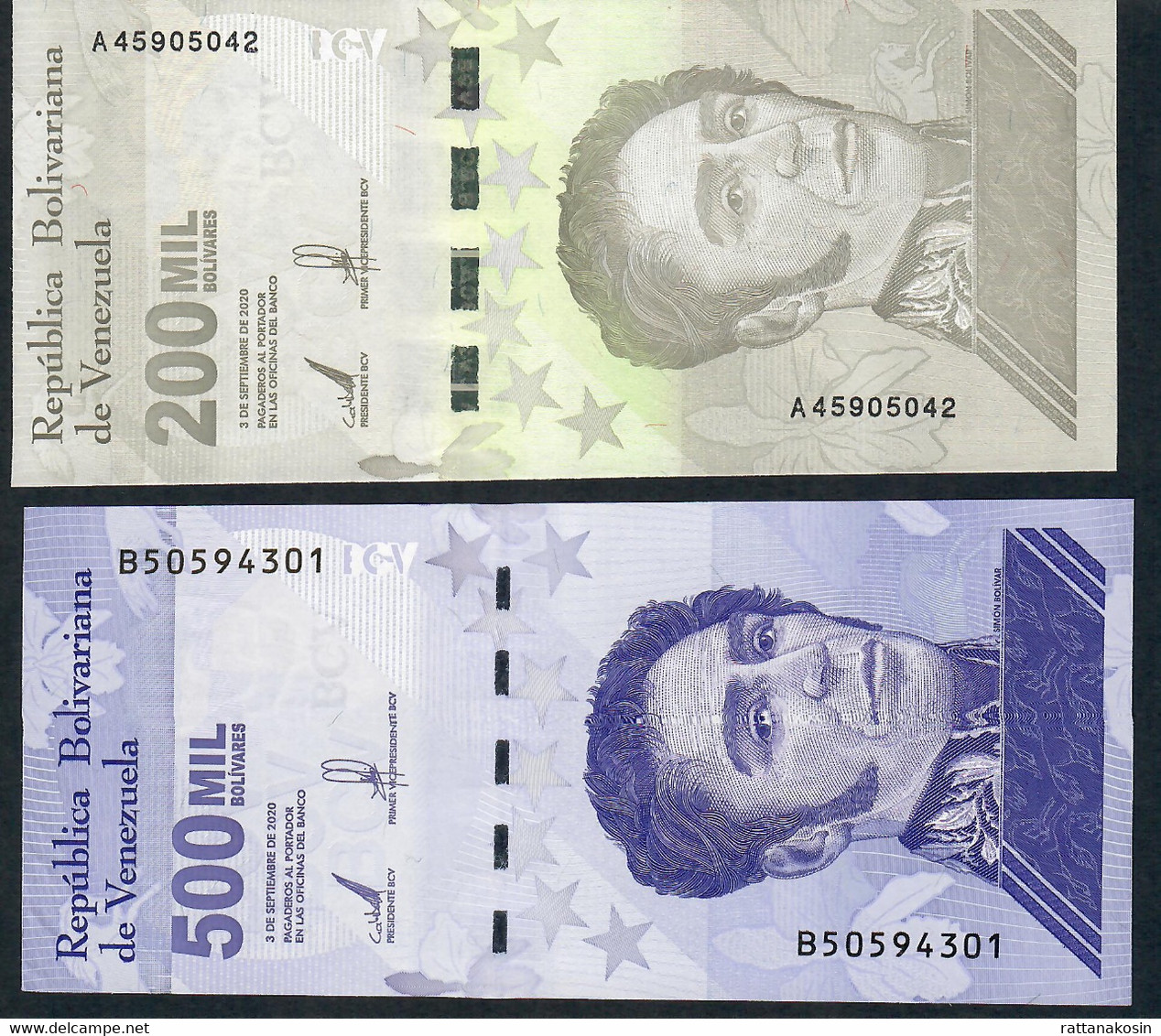 VENEZUELA NLP  200 MIL  + 500 MIL BOLIVARES 3.9.2020 Issued 8.3.2021 ( PAIR = 2 Notes )           UNC. - Venezuela