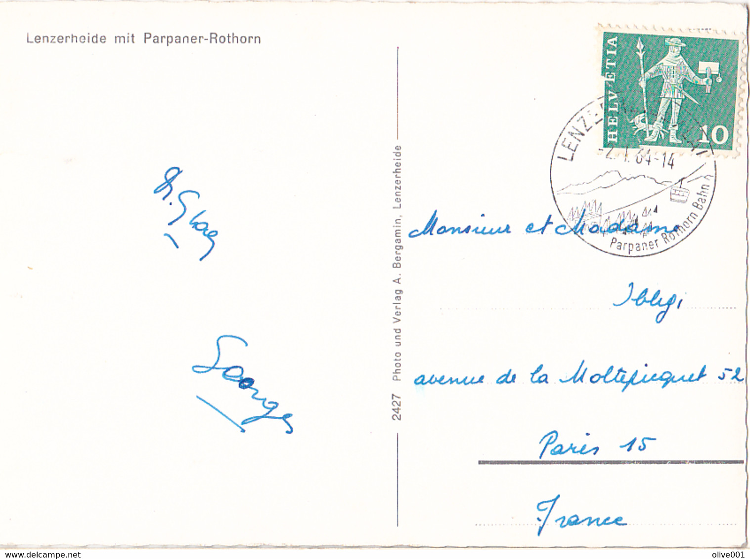 Lenzerheide Mit Parpaner-Rothorn, Circulée Pour Paris, France, Le 02/01/1934 Cachet K (Touristique). - Parpan