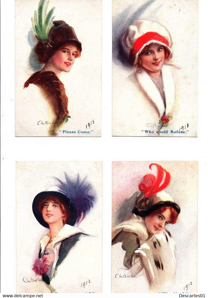 4  C P A  ILLUSTRATIONS BARBER  " PORTRAITS DE FEMME AUX CHAPEAUX "    SIGNEE 1913 - Barber, Court