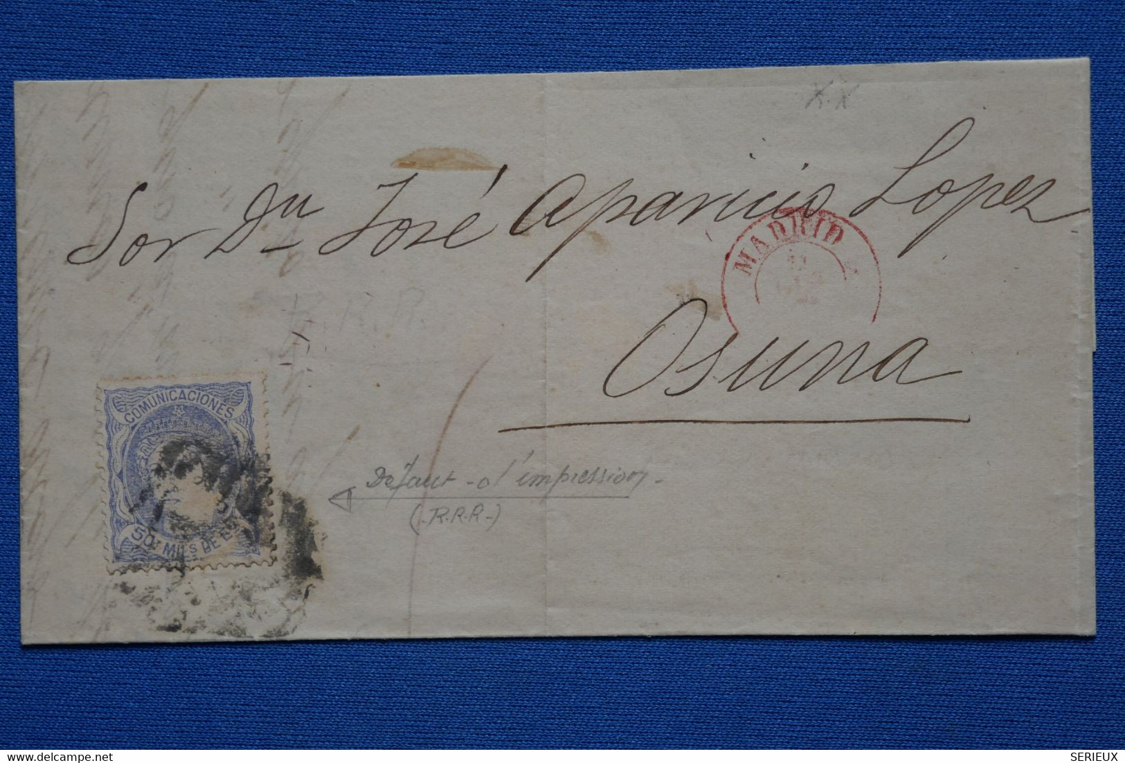 D94 ESPAGNE BELLE LETTRE 1870 CASTILLA NEUVA MADRID A OSUNA + T.P DEFAUT D IMPRESSION RRR+ AFFRANCHISSEMENT INTERESSANT - Cartas & Documentos