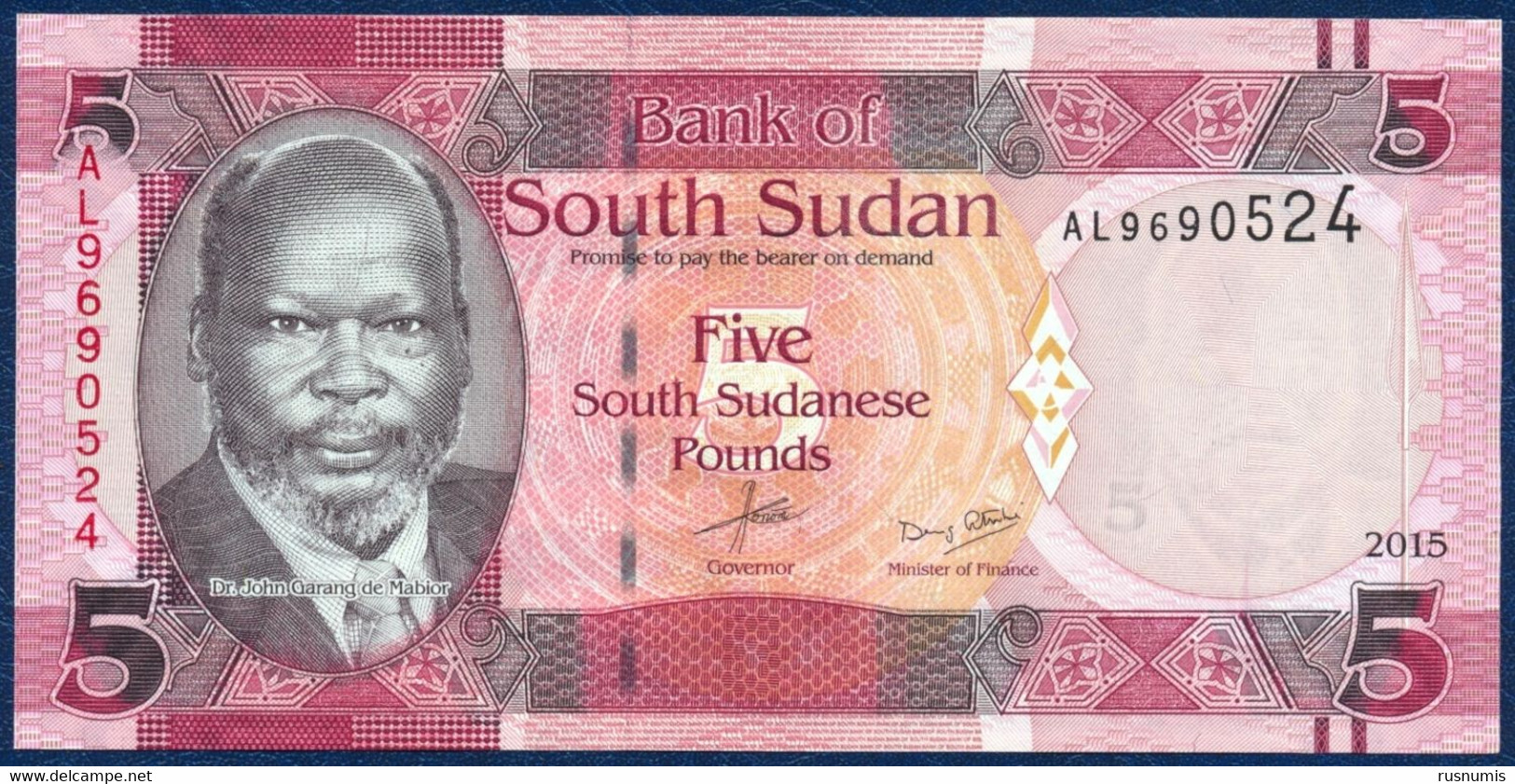 SOUTH SUDAN 5 POUNDS P-11 Dr. John Garang De Mabior - Aliab Dinka Cattle 2015 UNC - Sudan Del Sud