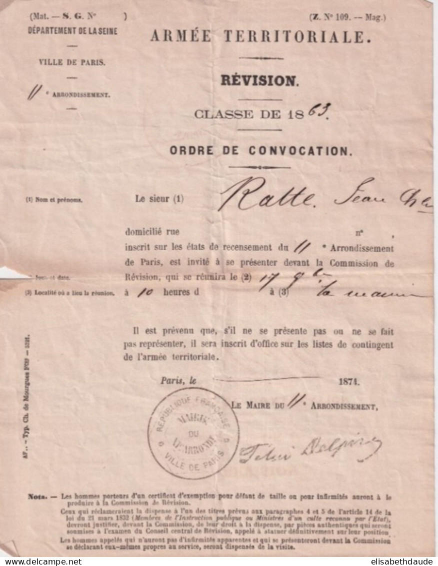 1874 - MILITARIA - CONVOCATION ARMEE TERRITORIALE DEPARTEMENT DE LA SEINE. - Documents