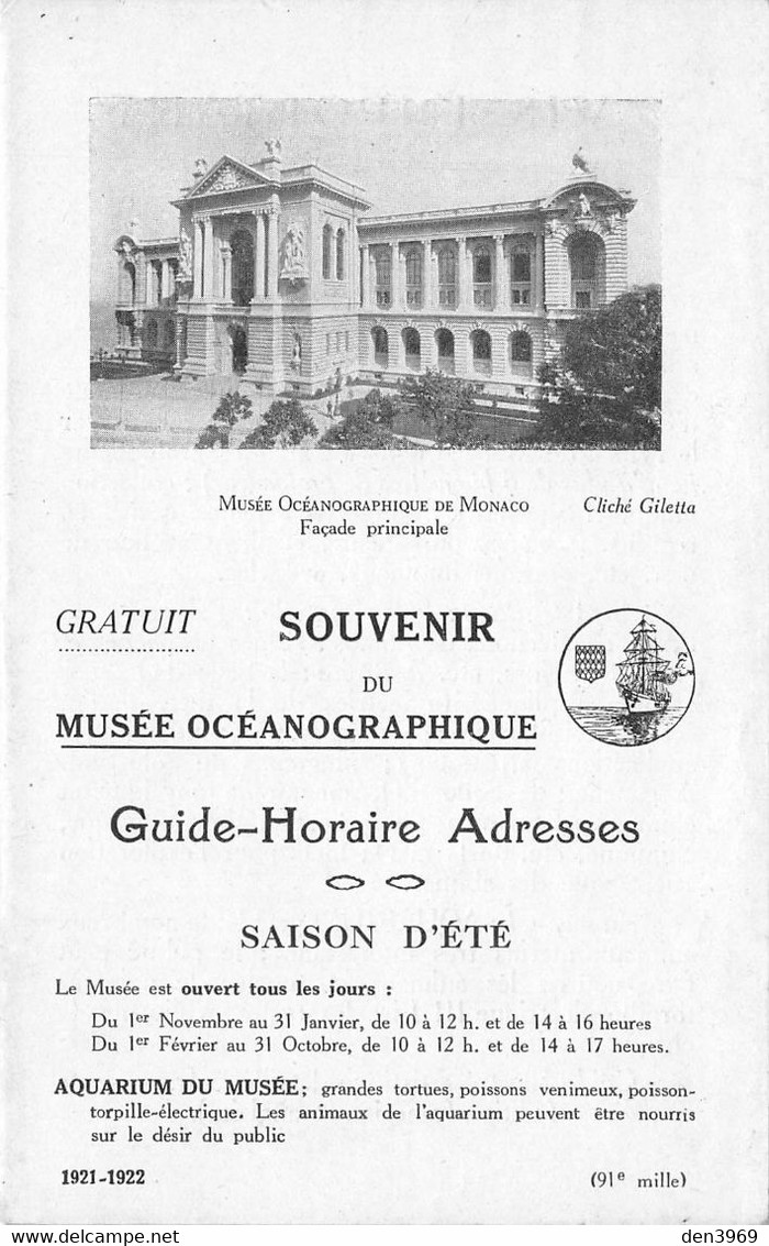 MONACO - Souvenir Du Musée Océanographique - Petit Livret 14 Pages Avec Horaires Trains, Service D'auto-cars, 1921-1922 - Oceanografisch Museum