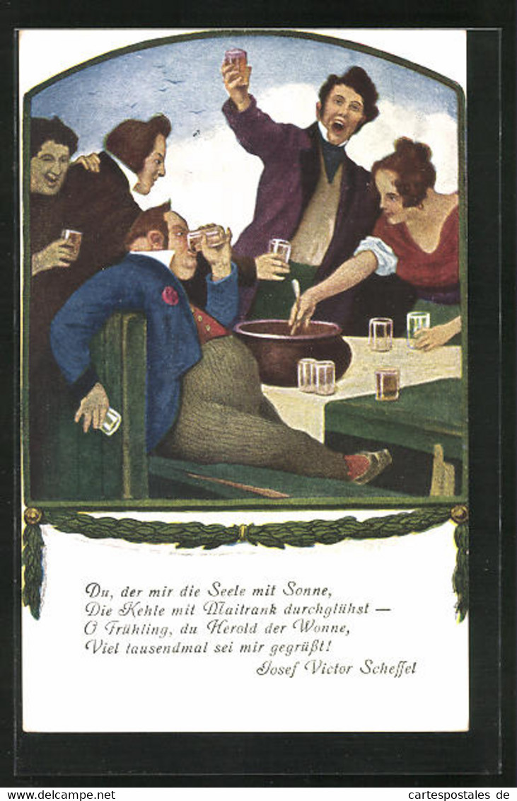 Künstler-AK Ludwig Von Zumbusch: Maibowle, Feiernde Gesellschaft Und Gedicht Von Josef Victor Scheffel - Zumbusch, Ludwig V.