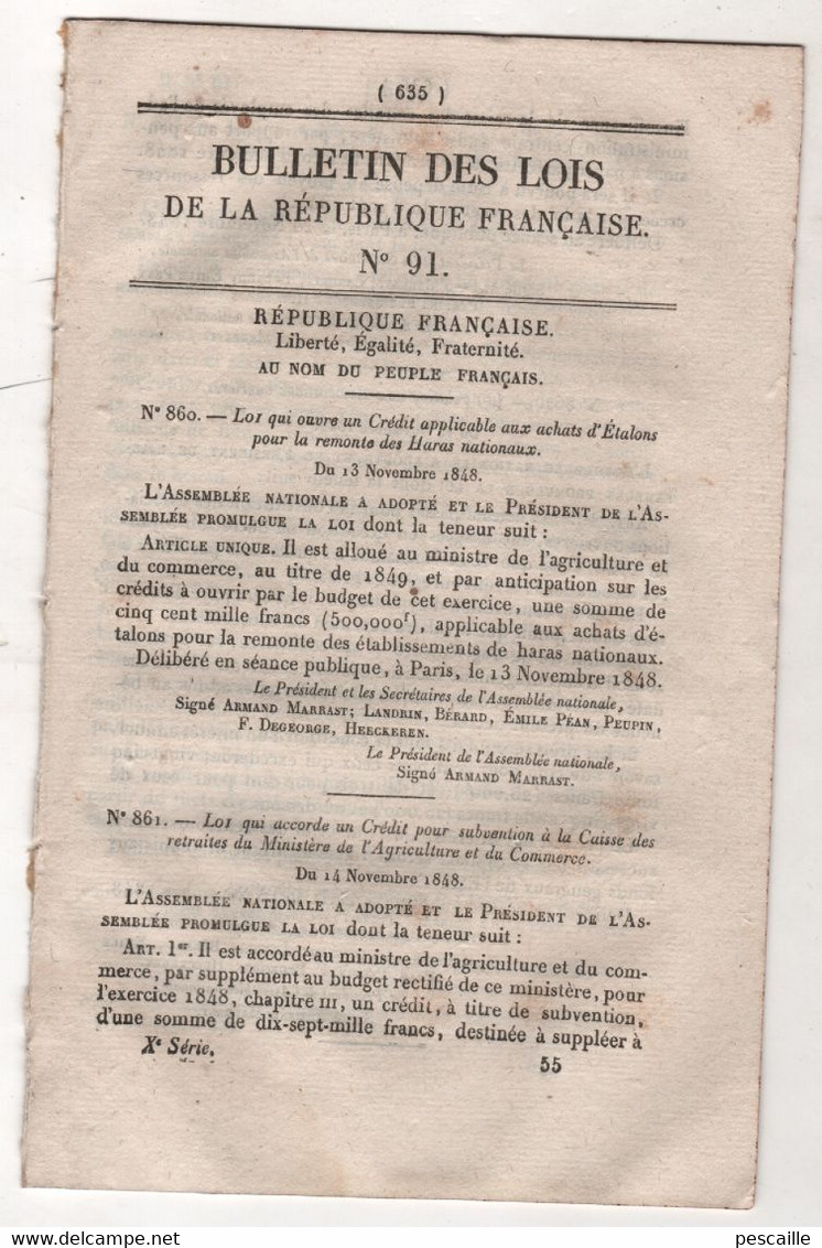1848 BULLETIN DES LOIS N°91 - ASSOCIATIONS OUVRIERES - LEGION D'HONNEUR - ALGERIE SOLDE TIRAILLEURS INDIGENES & SPAHIS - Décrets & Lois