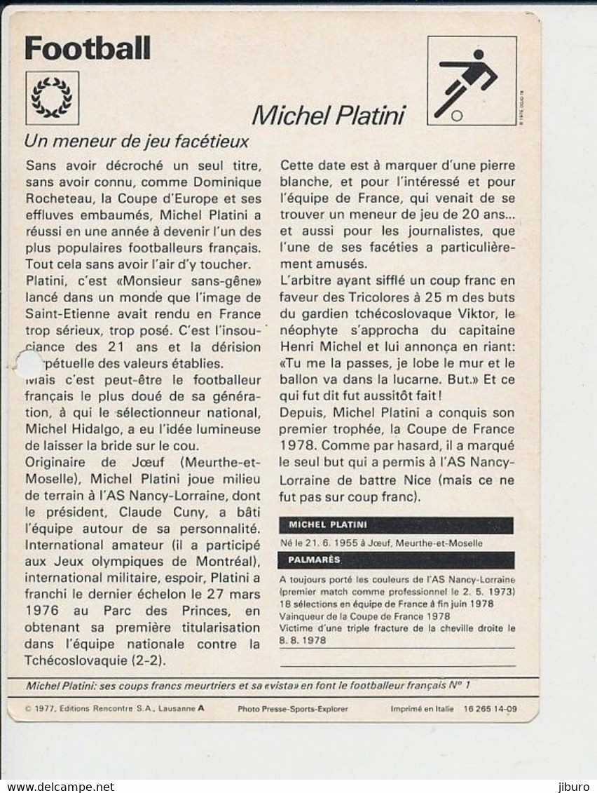 (avec Défaut) Fiche Foot Michel Platini FICH-Football-2 - Deportes