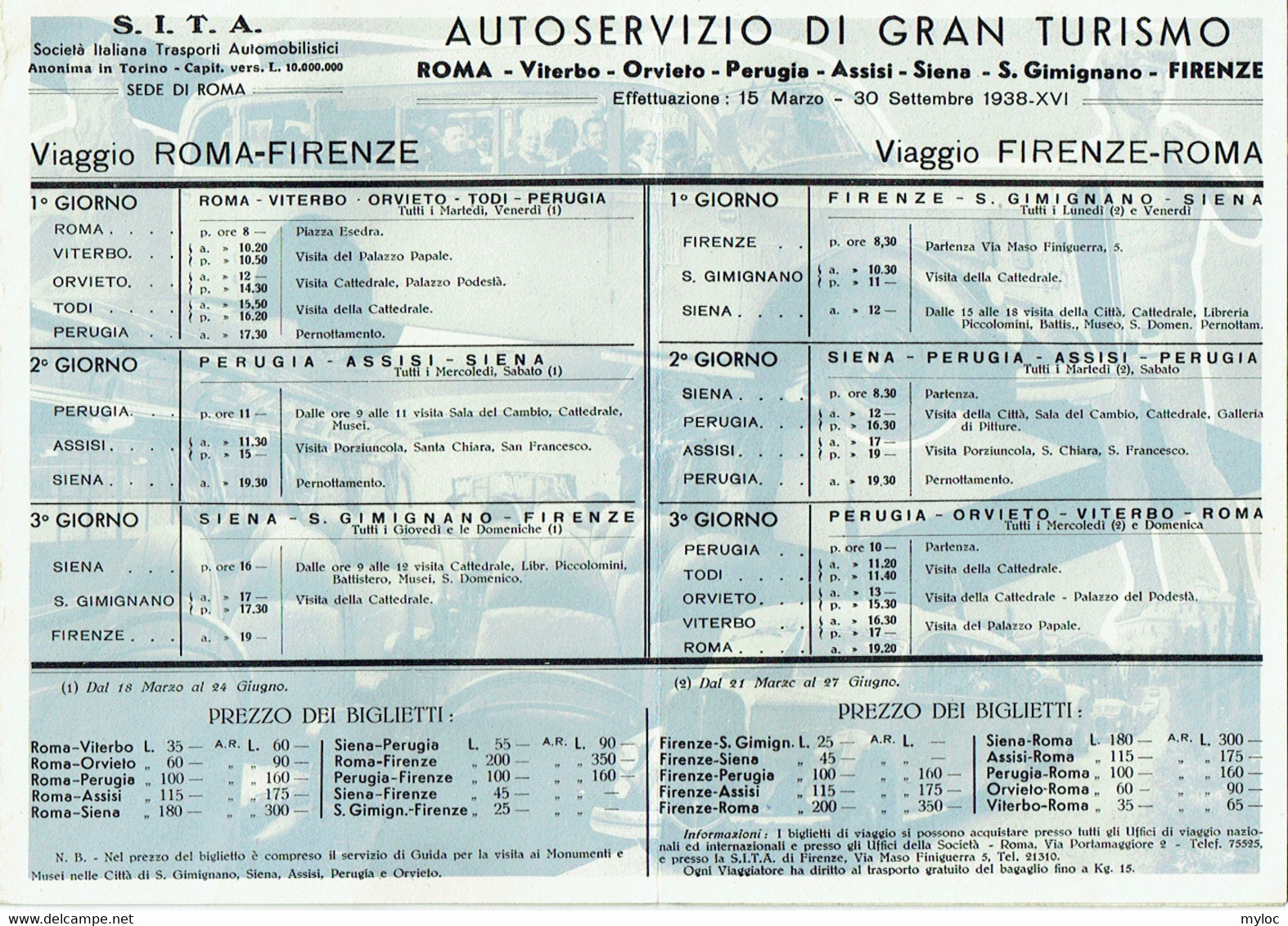 Horaire/Tarif. S.I.T.A. Autocars. Roma-Firenze. 1938. - Europa