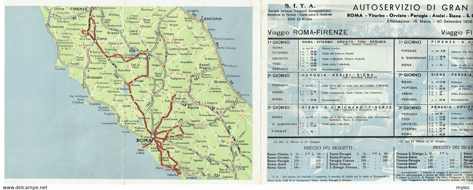 Horaire/Tarif. S.I.T.A. Autocars. Roma-Firenze. 1938. - Europe