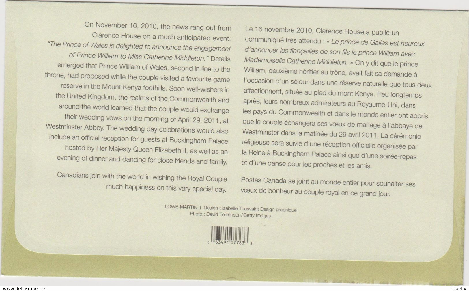 CANADA  2011  ROYAL WEDDING Prnce William And Catherine Middleton Block -m/s  FDC - 2011-...