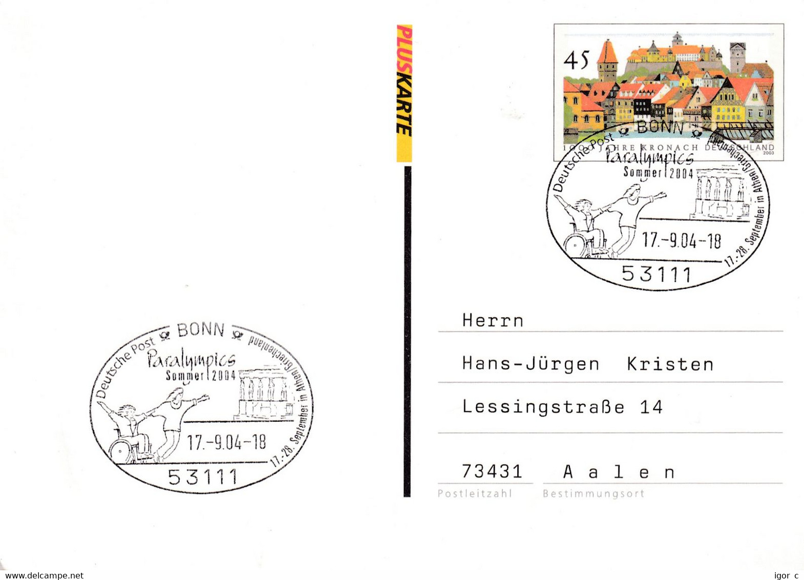 Germany 2004 Postal Stationery Card: Olympic Games Athens Greece; Paralympic Games; 1000 Years Kronach - Verano 2004: Atenas - Paralympic