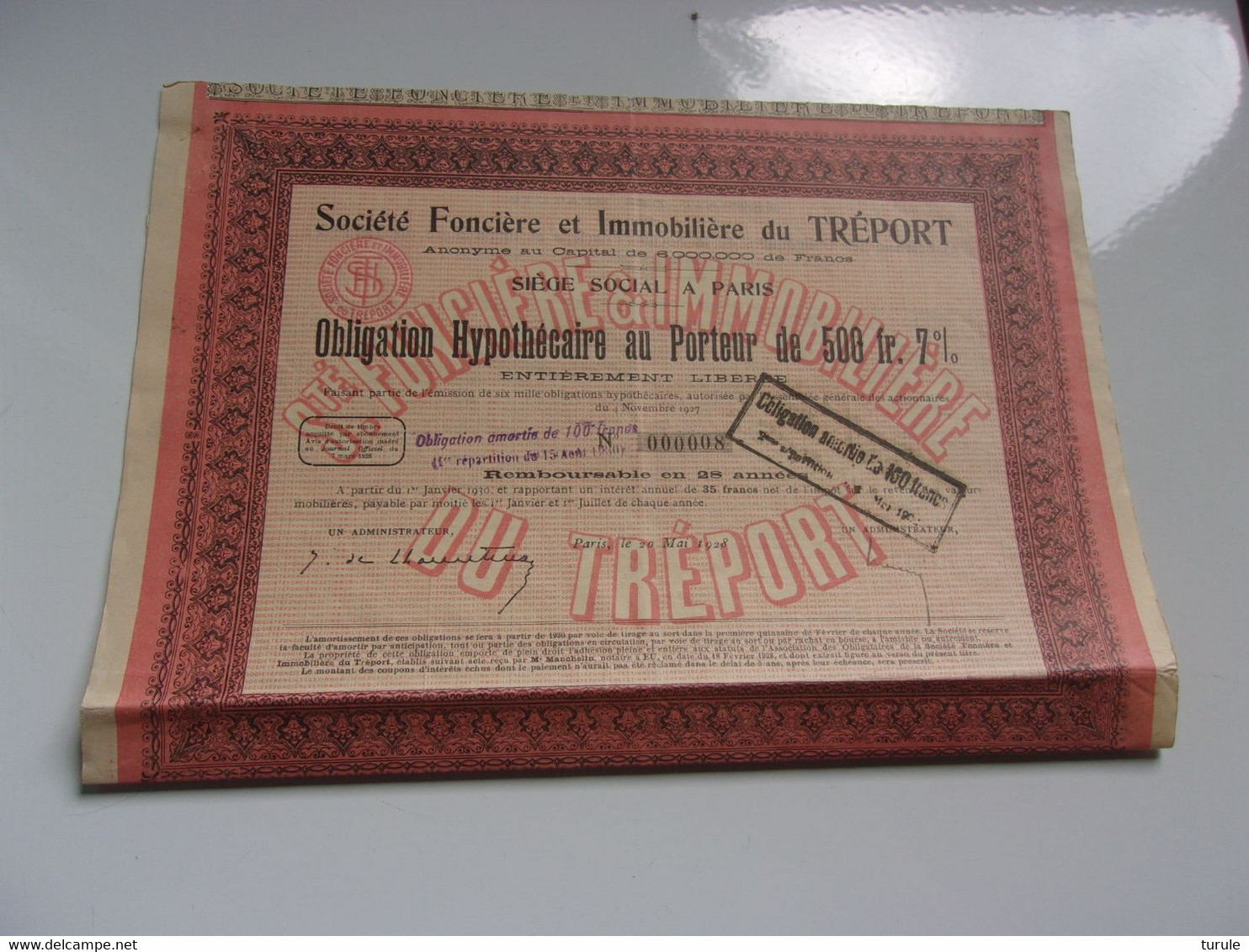 FONCIERE ET IMMOBILIERE DU TREPORT (obligation 500 Francs)1928 - Otros & Sin Clasificación