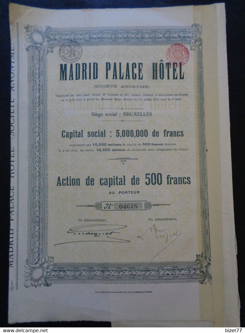 MADRID PALACE HOTEL - ACTION DE CAPITAL DE 500 FRS - BRUXELLES 1910 - TITRE RECOUPONNE - Other & Unclassified