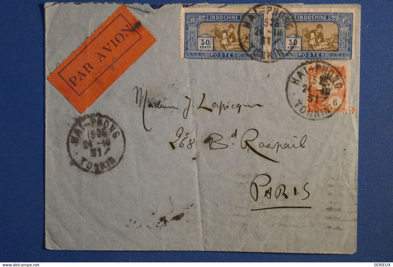 E14 I  INDO CHINA BELLE  LETTRE RARE 1931 PAR AVION MAI PHONG  POUR PARIS   FRANCE + PAIRE DE T.P  + BON  AFFRANCH. - Lettres & Documents